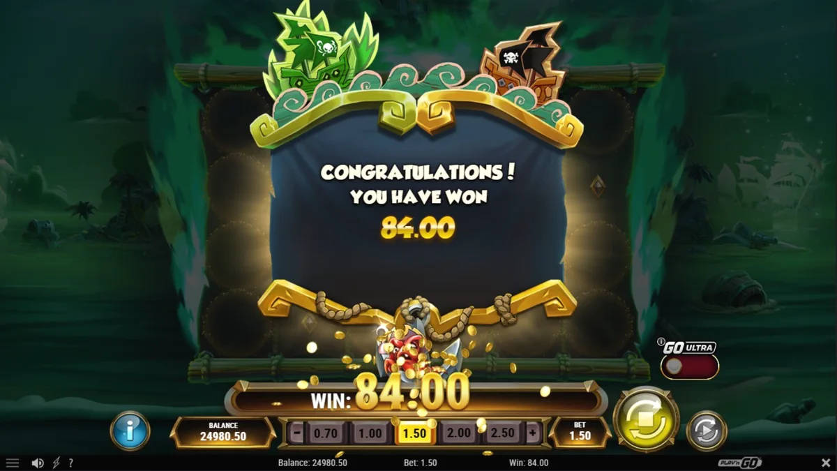 Pemandangan layar permainan slot Crabby’s Gold 2 dengan karakter bajak laut kartun dan simbol harta karun.